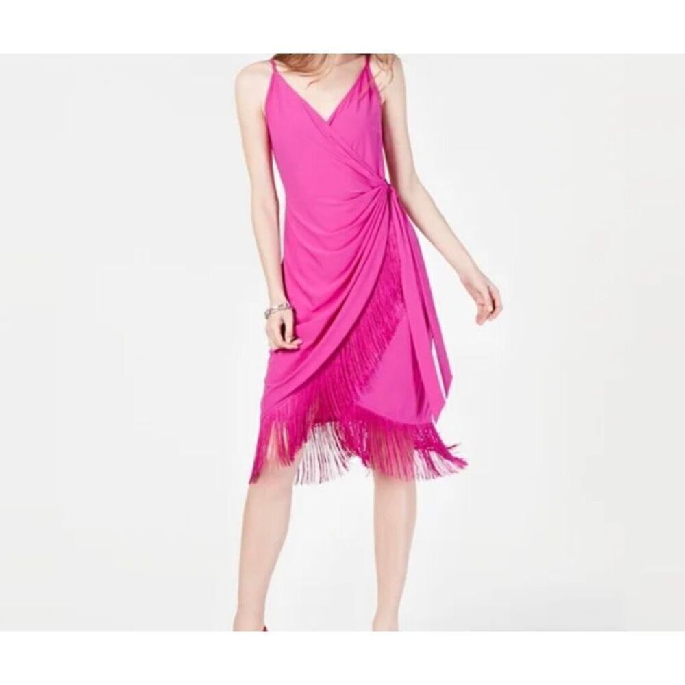 International concepts, magenta, photo wrap, fringe, trim, flapper, dress, mediu